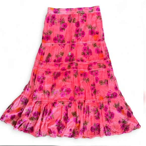Anthropologie Raga M High Waisted Tiered Cotton Maxi Skirt Pink Floral A-Line - Picture 2 of 8